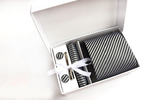 Platinum / Charcoal Stripe Silk Necktie Set