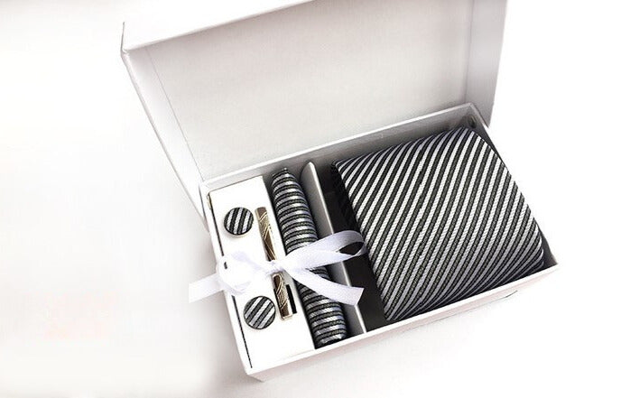 Platinum / Charcoal Stripe Silk Necktie Set
